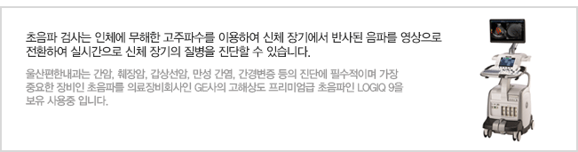 초음파 검사는 인체에 무해한 고주파수를 이용하여 신체 장기에서 반사된 음파를 영상으로 전환하여 실시간으로 신체 장기의 질병을 진단할 수 있습니다.

		울산편한내과는 간암, 췌장암, 갑상선암, 만성 간염, 간경변증 등의 진단에 필수적이며 가장 중요한 장비인 초음파를 세계최대의료장비회사인 GE사의 최신 고해상도 프리미엄급 초음파인 LOGIQ 7을 새로 도입하였습니다. .