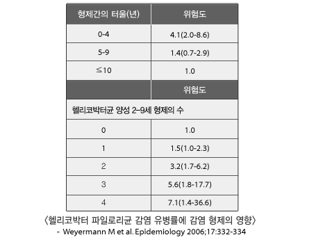 <헬리코박터 파일로리균 감염 유병률에 감염 형제의 영향>