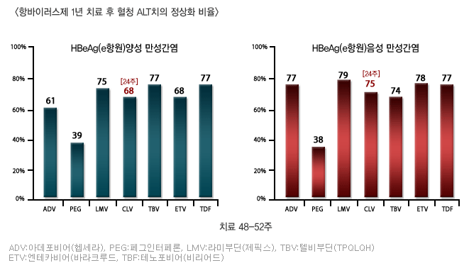 항바이러스제 1년 치료 후 혈청 ALT치의 정상화 비율