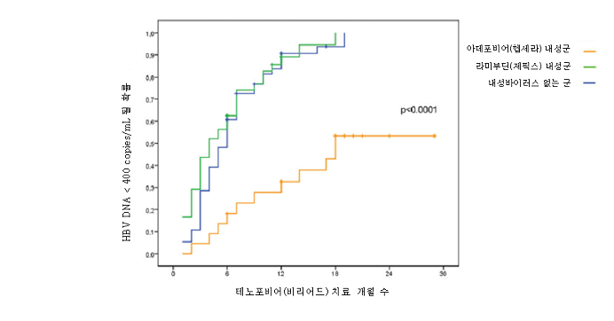 테노포비어(비리어드) 치료 개월 수에 따른 HBV DNA 음전율 그래프
