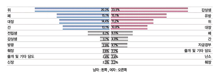 한국인 주요 암 발생률 통계 바 차트 - 남성: 위&middot;폐&middot;대장&middot;간&middot;전립샘&middot;갑상샘&middot;방광&middot;췌장&middot;쓸개 및 기타 담도&middot;신장 순 / 여성: 갑상샘&middot;유방&middot;위&middot;대장&middot;폐&middot;간&middot;자궁경부&middot;쓸개 및 기타 담도&middot;난소&middot;췌장 순